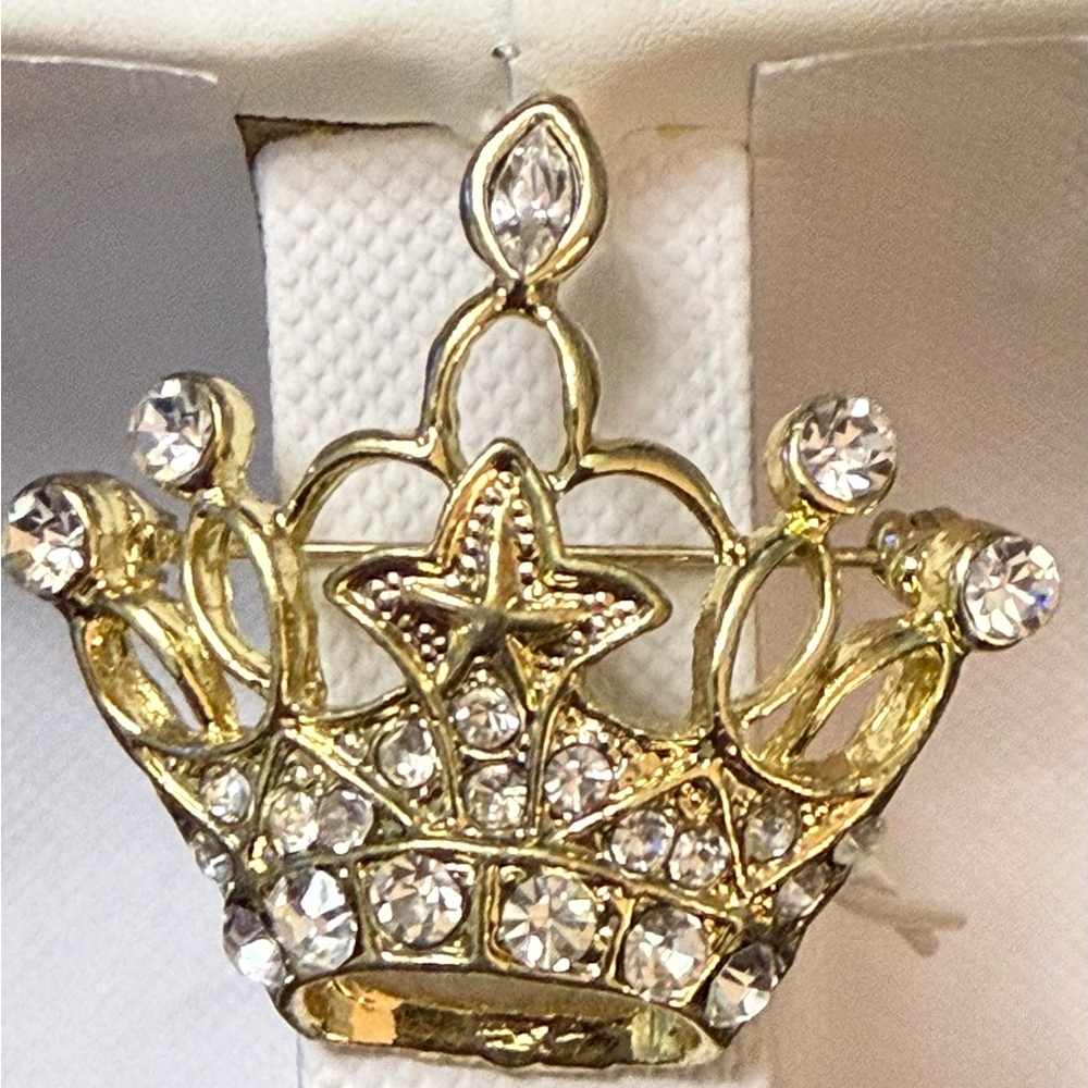 Gold Crown Brooch with Clear Crystals